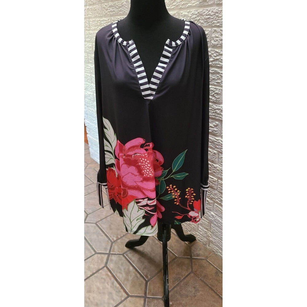 Miss Look black  Pink L sleeves v neck stretch plus top 3XL florel